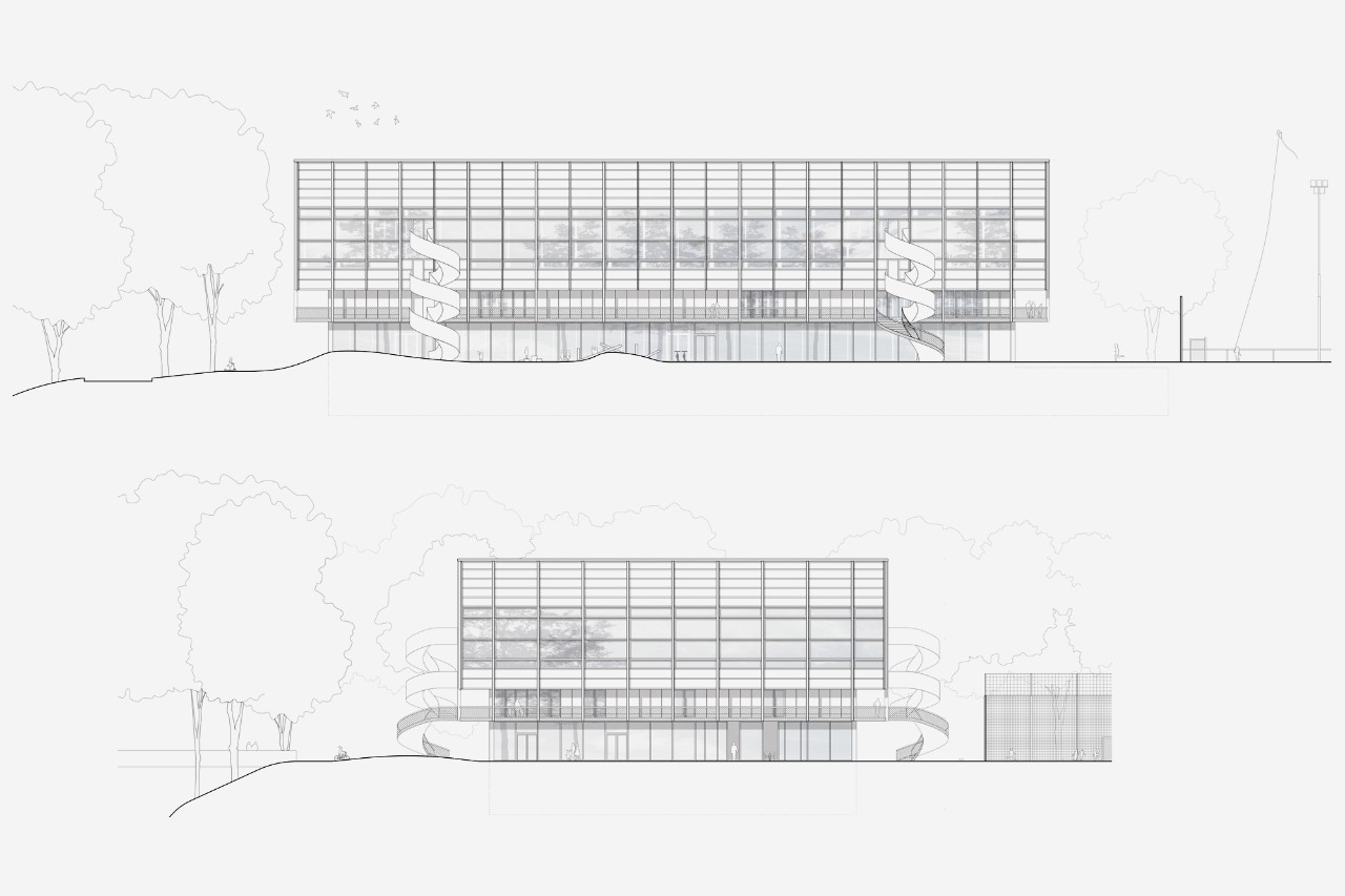 Ansicht Süd und Ost Sportzentrum Witikon Siegerprojekt DIEGO (Plan: BUR Architekten AG, Zürich)